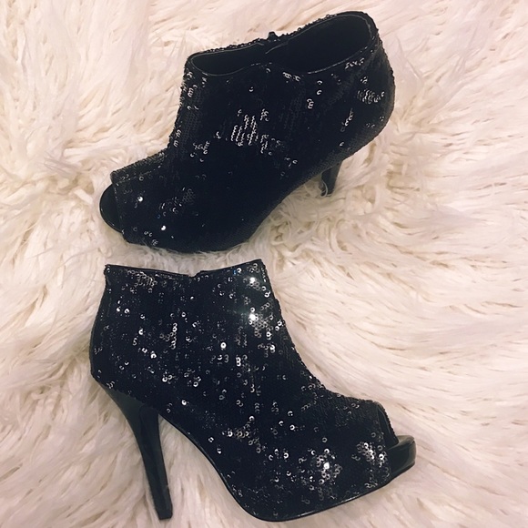 Shoes - Sequin Metallic Peep Toe Stiletto Ankle Booties